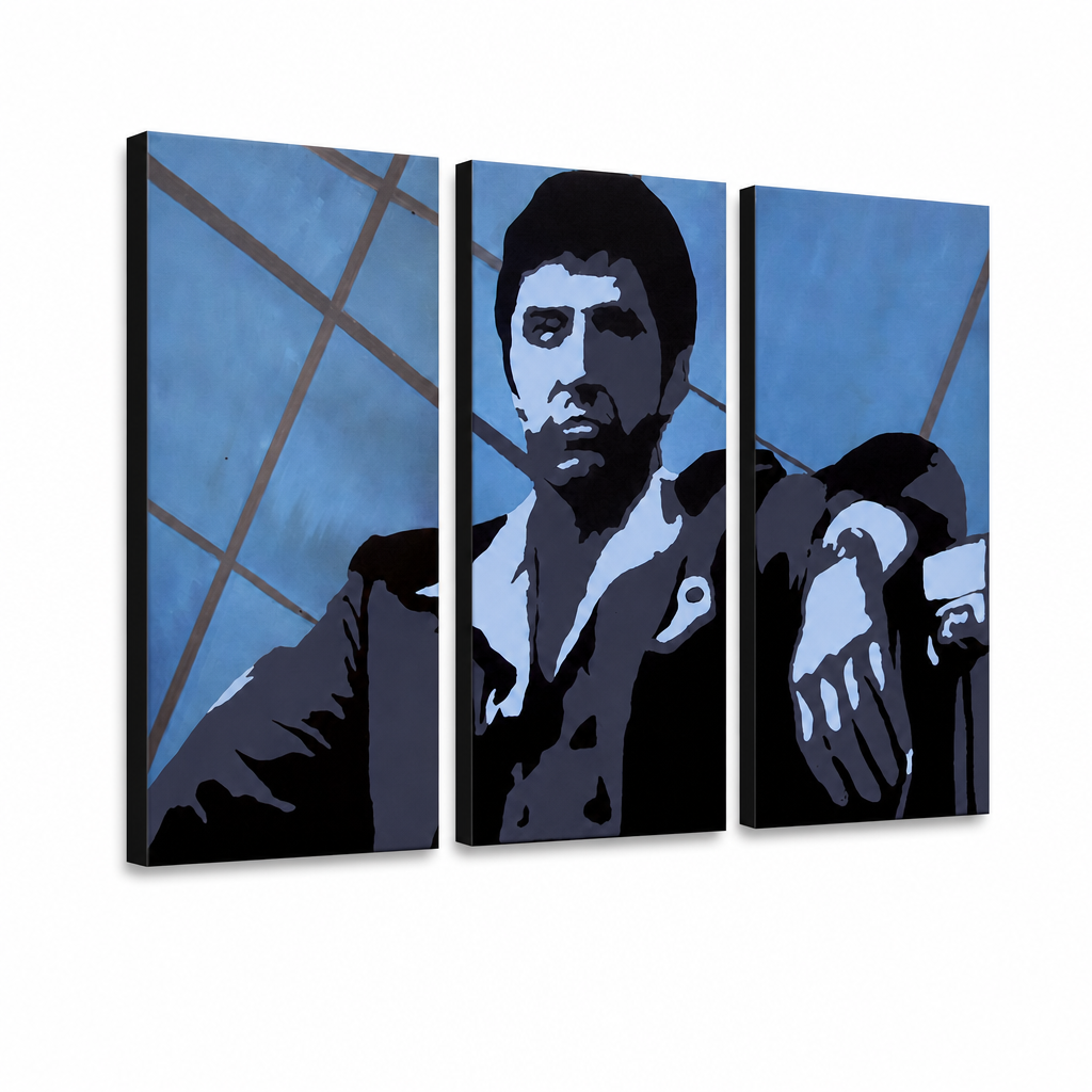 Tablou POP ART pictat manual AL PACINO 3 piese al19 – Vizualizare 3D a tabloului pictat manual pe fundal alb. Culori dominante: albastru, negru, alb.