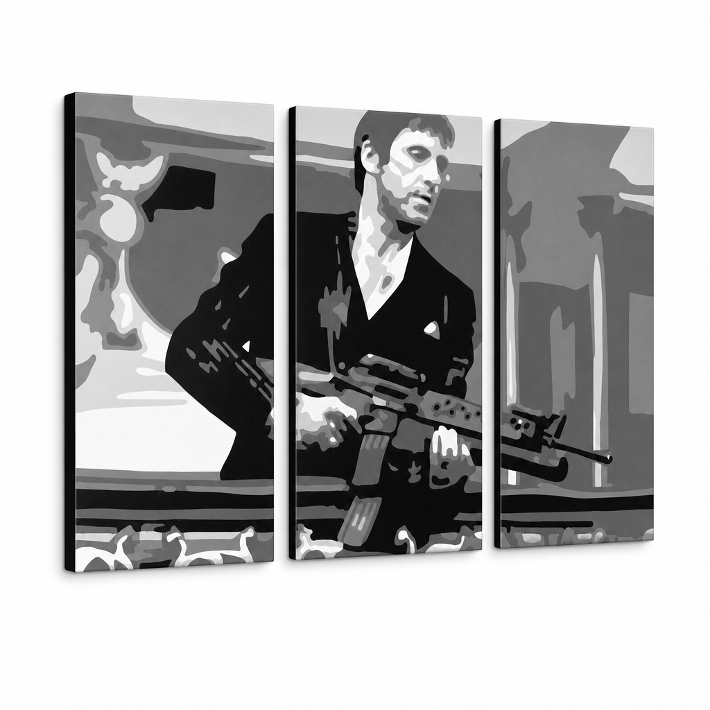 Tablou POP ART pictat manual AL PACINO 3 piese al2 – Vizualizare 3D a tabloului pictat manual pe fundal alb. Culori dominante: negru, gri, alb.