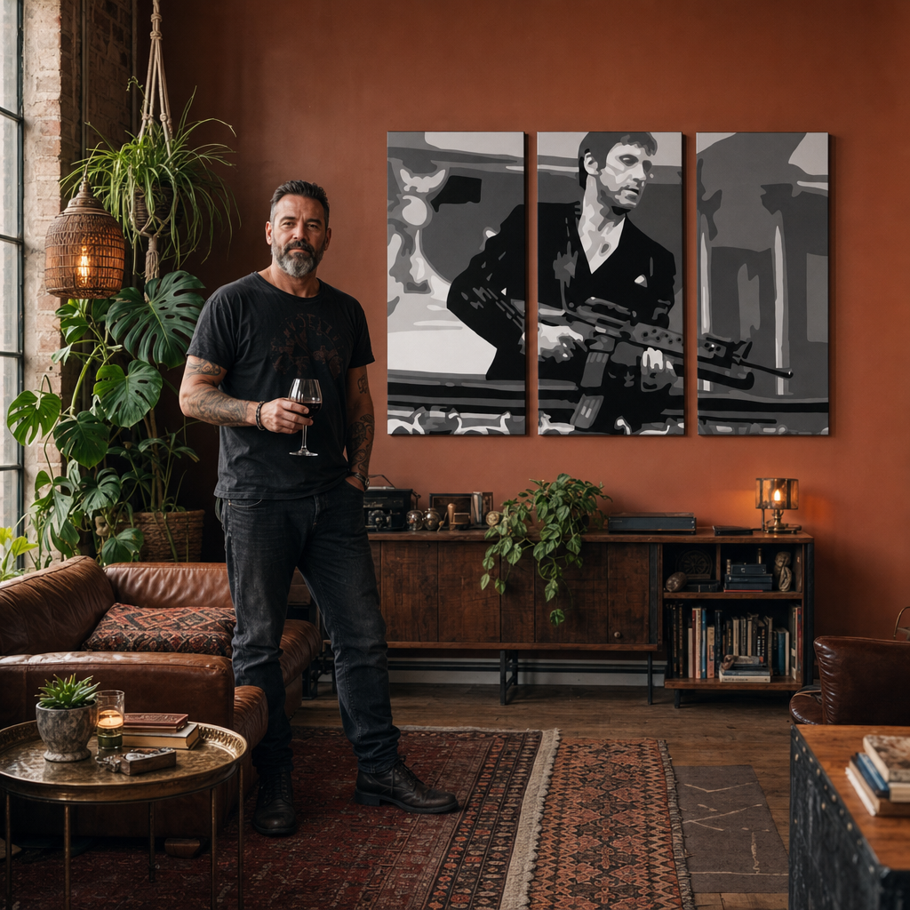 Tablou POP ART pictat manual AL PACINO 3 piese al2 – tablou într-un interior modern masculin, vizualizare lifestyle. Culori dominante: negru, gri, alb.