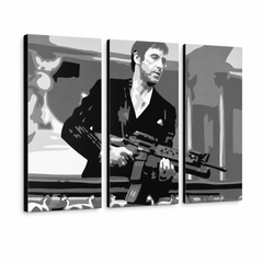 Tablou POP ART pictat manual AL PACINO 3 piese al2 – Vizualizare 3D a tabloului pictat manual pe fundal alb. Culori dominante: negru, gri, alb.