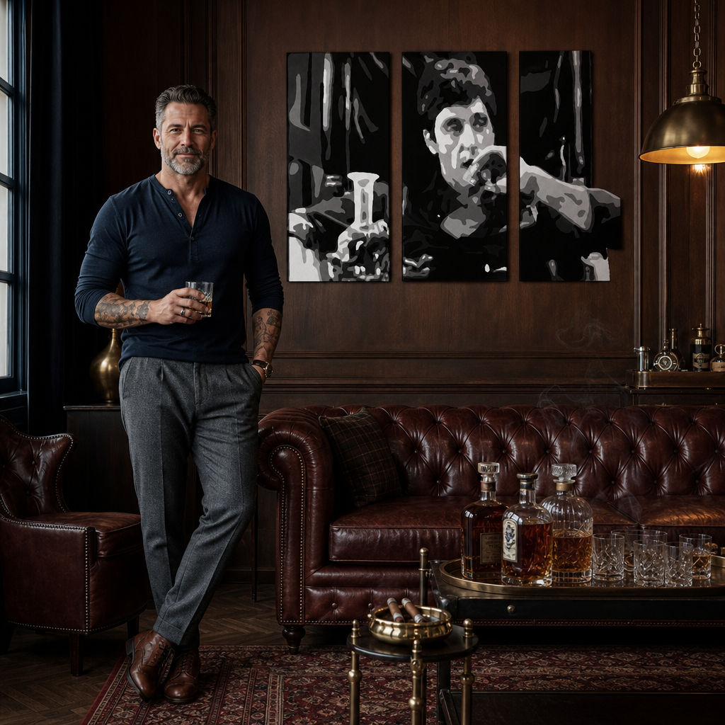 Tablou POP ART pictat manual AL PACINO 3 piese al22 – tablou într-un interior modern masculin, vizualizare lifestyle. Culori dominante: negru, gri, alb.