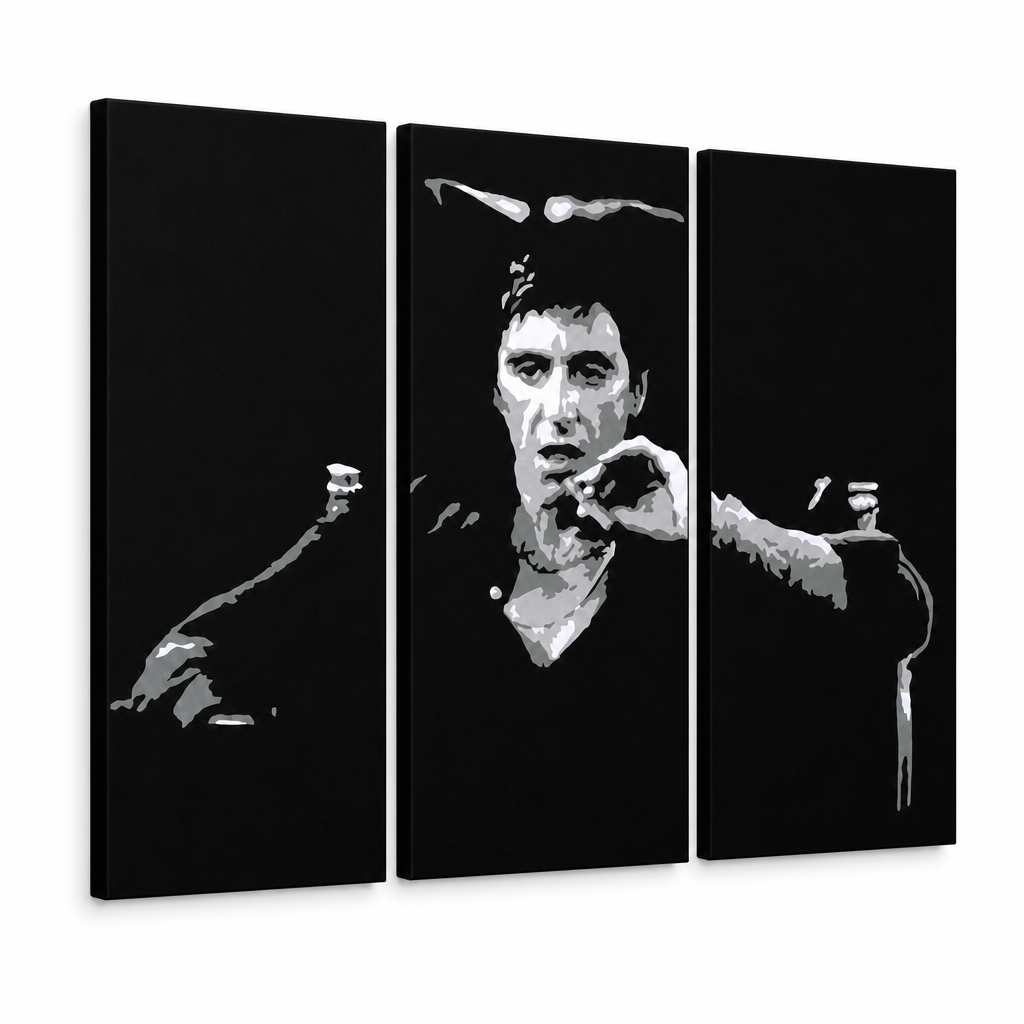 Tablou POP ART pictat manual AL PACINO 3 piese al27 – Vizualizare 3D a tabloului pictat manual pe fundal alb. Culori dominante: negru, gri, alb.