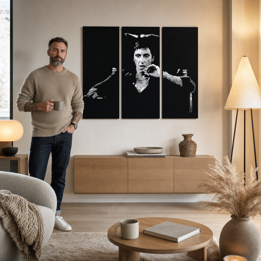 Tablou POP ART pictat manual AL PACINO 3 piese al27 – tablou într-un interior modern masculin, vizualizare lifestyle. Culori dominante: negru, gri, alb.