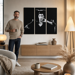 Tablou POP ART pictat manual AL PACINO 3 piese al27 – tablou într-un interior modern masculin, vizualizare lifestyle. Culori dominante: negru, gri, alb.