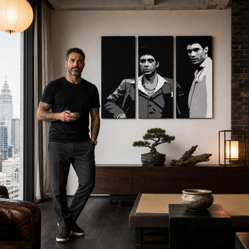 Tablou POP ART pictat manual AL PACINO 3 piese al31 – tablou într-un interior modern masculin, vizualizare lifestyle. Culori dominante: negru, alb, gri.