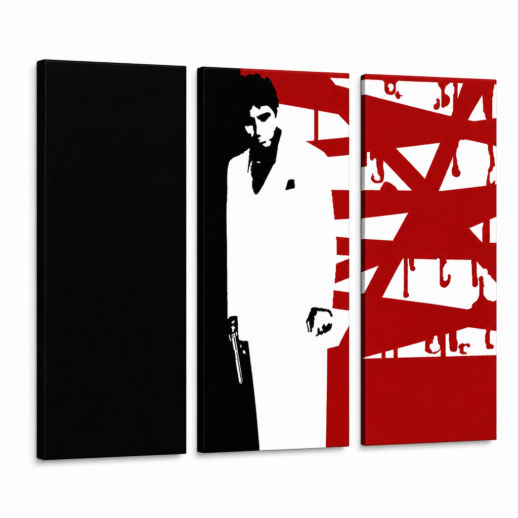 Tablou POP ART pictat manual AL PACINO 3 piese al33 – Vizualizare 3D a tabloului pictat manual pe fundal alb. Culori dominante: negru, alb, roșu.