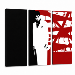 Tablou POP ART pictat manual AL PACINO 3 piese al33 – Vizualizare 3D a tabloului pictat manual pe fundal alb. Culori dominante: negru, alb, roșu.