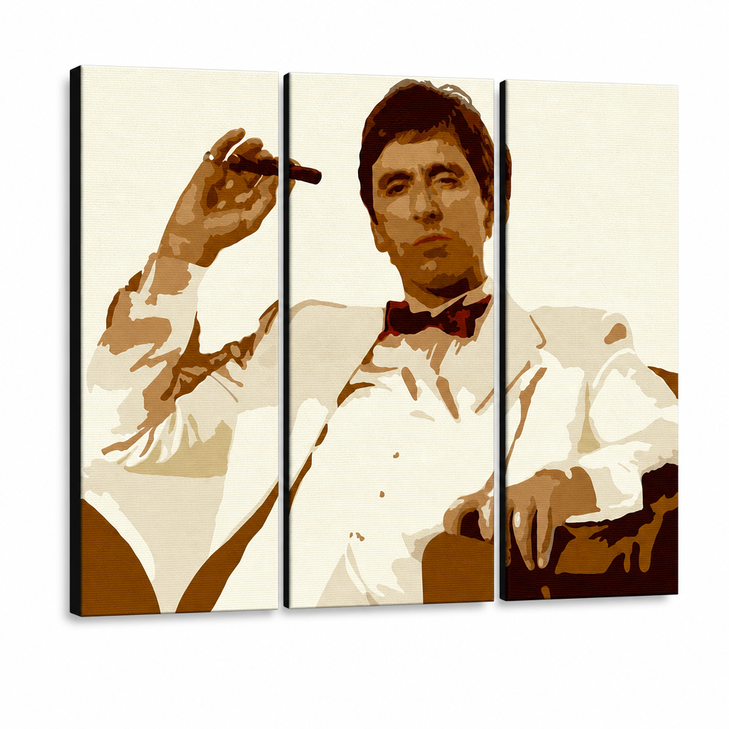 Tablou POP ART pictat manual AL PACINO 3 piese al34 – Vizualizare 3D a tabloului pictat manual pe fundal alb. Culori dominante: maro, bej, alb, negru.