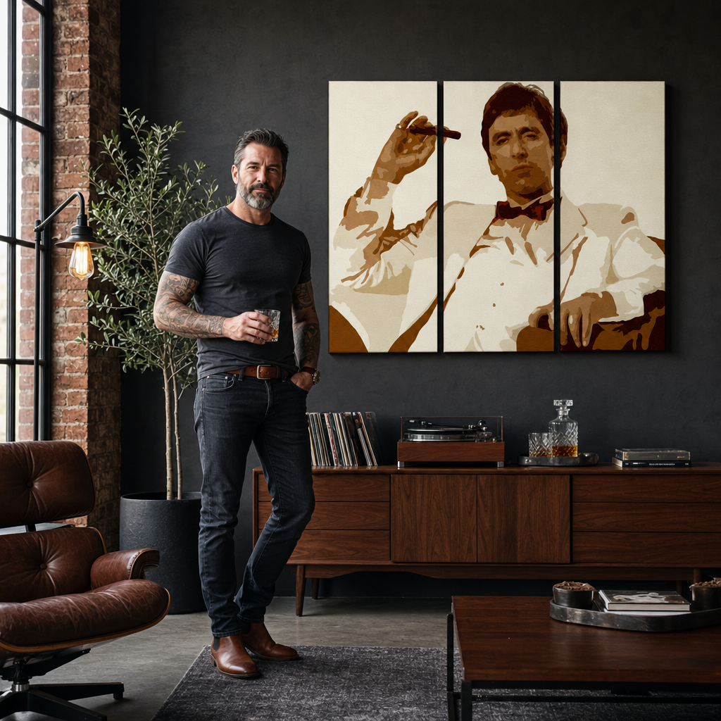 Tablou POP ART pictat manual AL PACINO 3 piese al34 – tablou într-un interior modern masculin, vizualizare lifestyle. Culori dominante: maro, bej, alb, negru.