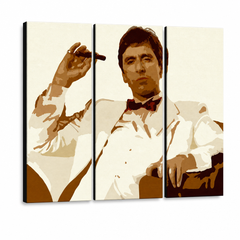 Tablou POP ART pictat manual AL PACINO 3 piese al34 – Vizualizare 3D a tabloului pictat manual pe fundal alb. Culori dominante: maro, bej, alb, negru.