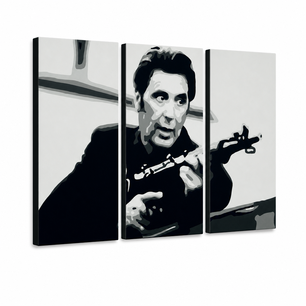 Tablou POP ART pictat manual AL PACINO 3 piese al4 – Vizualizare 3D a tabloului pictat manual pe fundal alb. Culori dominante: negru, alb, gri.