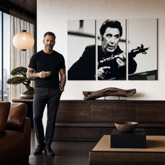 Tablou POP ART pictat manual AL PACINO 3 piese al4 – tablou într-un interior modern masculin, vizualizare lifestyle. Culori dominante: negru, alb, gri.