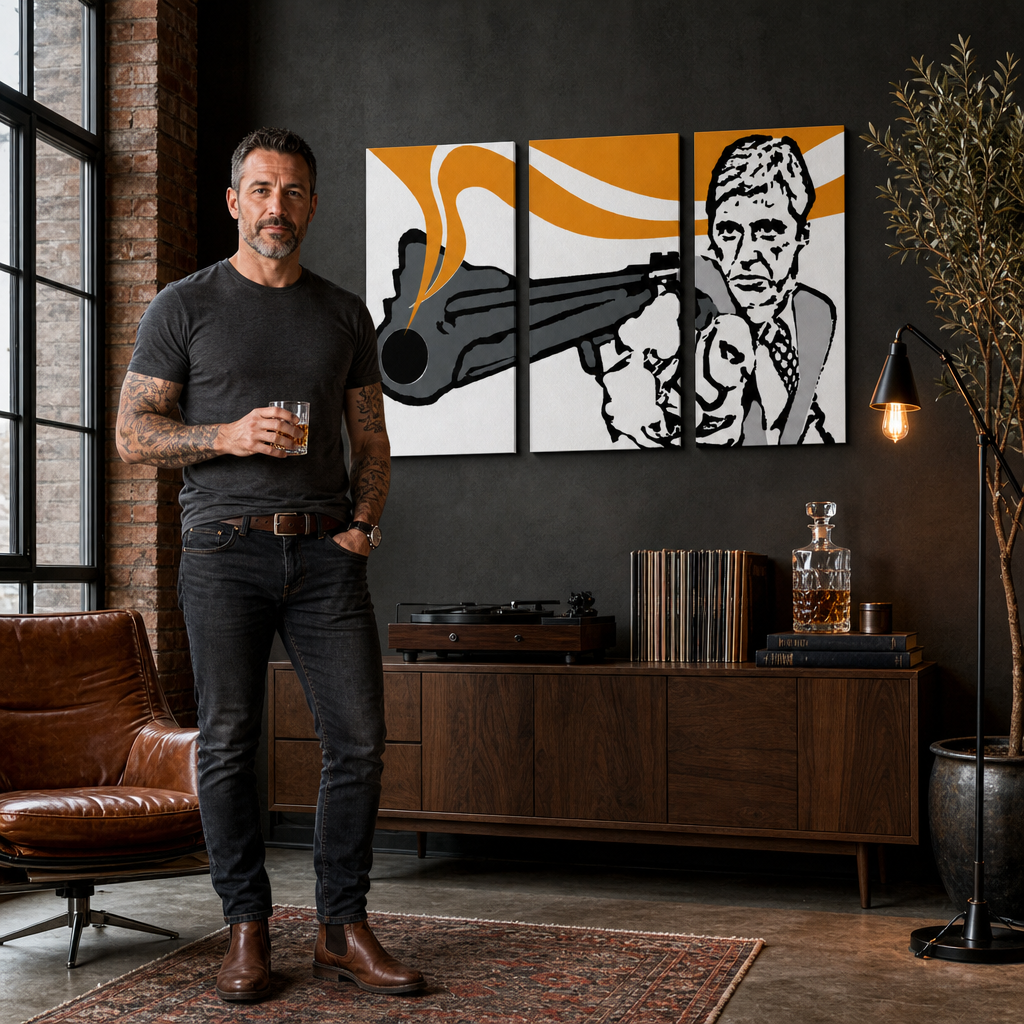 Tablou POP ART pictat manual AL PACINO 3 piese al7 – tablou într-un interior modern masculin, vizualizare lifestyle. Culori dominante: negru, portocaliu, alb, gri.