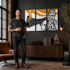 Tablou POP ART pictat manual AL PACINO 3 piese al7 – tablou într-un interior modern masculin, vizualizare lifestyle. Culori dominante: negru, portocaliu, alb, gri.