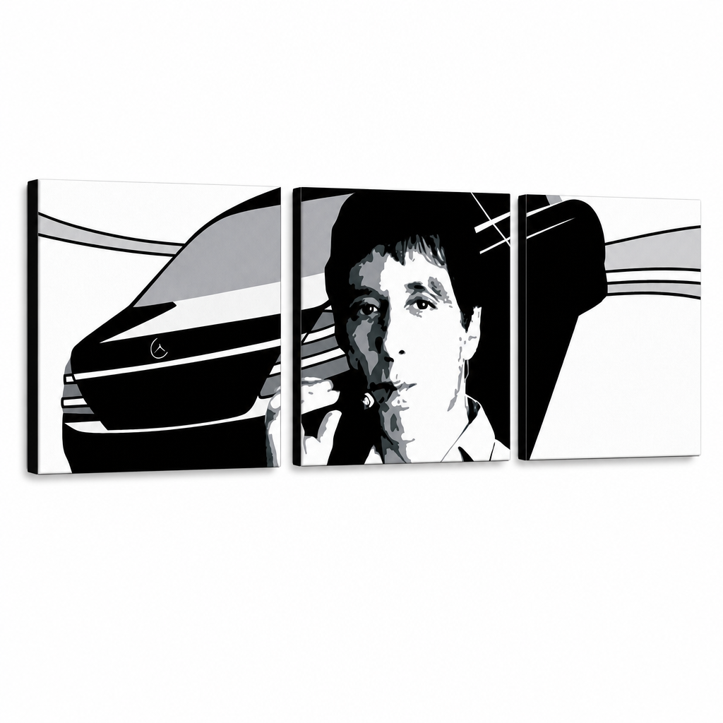 Tablou POP ART pictat manual AL PACINO 3 piese al9 – Vizualizare 3D a tabloului pictat manual pe fundal alb. Culori dominante: negru, alb, gri.