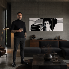 Tablou POP ART pictat manual AL PACINO 3 piese al9 – tablou într-un interior modern masculin, vizualizare lifestyle. Culori dominante: negru, alb, gri.