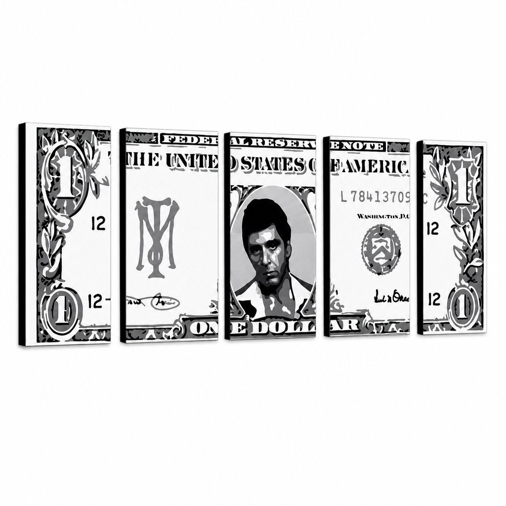 Tablou POP ART pictat manual AL PACINO 5 piese al3 – Vizualizare 3D a tabloului pictat manual pe fundal alb. Culori dominante: negru, alb, gri.
