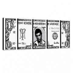 Tablou POP ART pictat manual AL PACINO 5 piese al3 – Vizualizare 3D a tabloului pictat manual pe fundal alb. Culori dominante: negru, alb, gri.