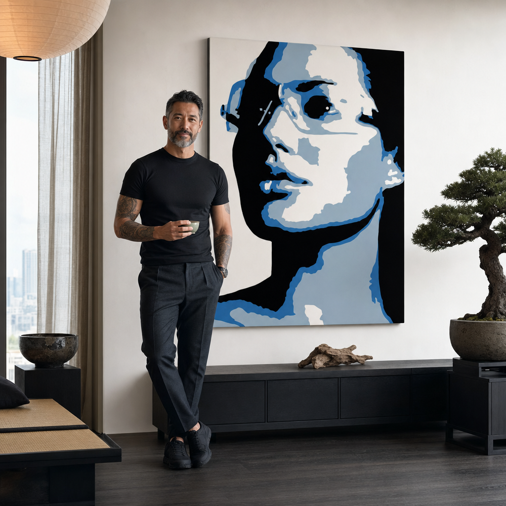 Tablou POP ART pictat manual Angelina Jolie 1 bucată chiar – tablou într-un interior modern masculin, vizualizare lifestyle. Culori dominante: albastru, gri, negru.