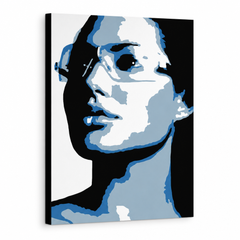 Tablou POP ART pictat manual Angelina Jolie 1 bucată chiar – Vizualizare 3D a tabloului pictat manual pe fundal alb. Culori dominante: albastru, gri, negru.