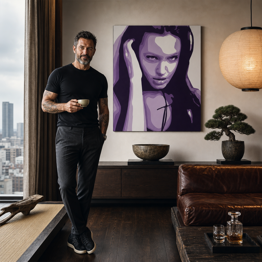 Tablou POP ART pictat manual Angelina Jolie 1 parte aj2 – tablou într-un interior modern masculin, vizualizare lifestyle. Culori dominante: mov, negru, alb.