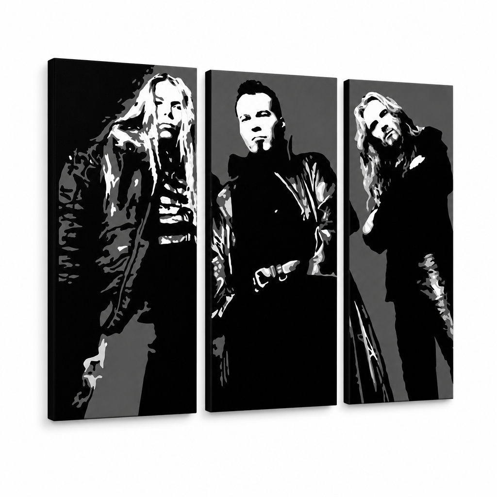 Tablou POP ART pictat manual Apocalyptica 3 parte apo – Vizualizare 3D a tabloului pictat manual pe fundal alb. Culori dominante: negru, alb, gri.