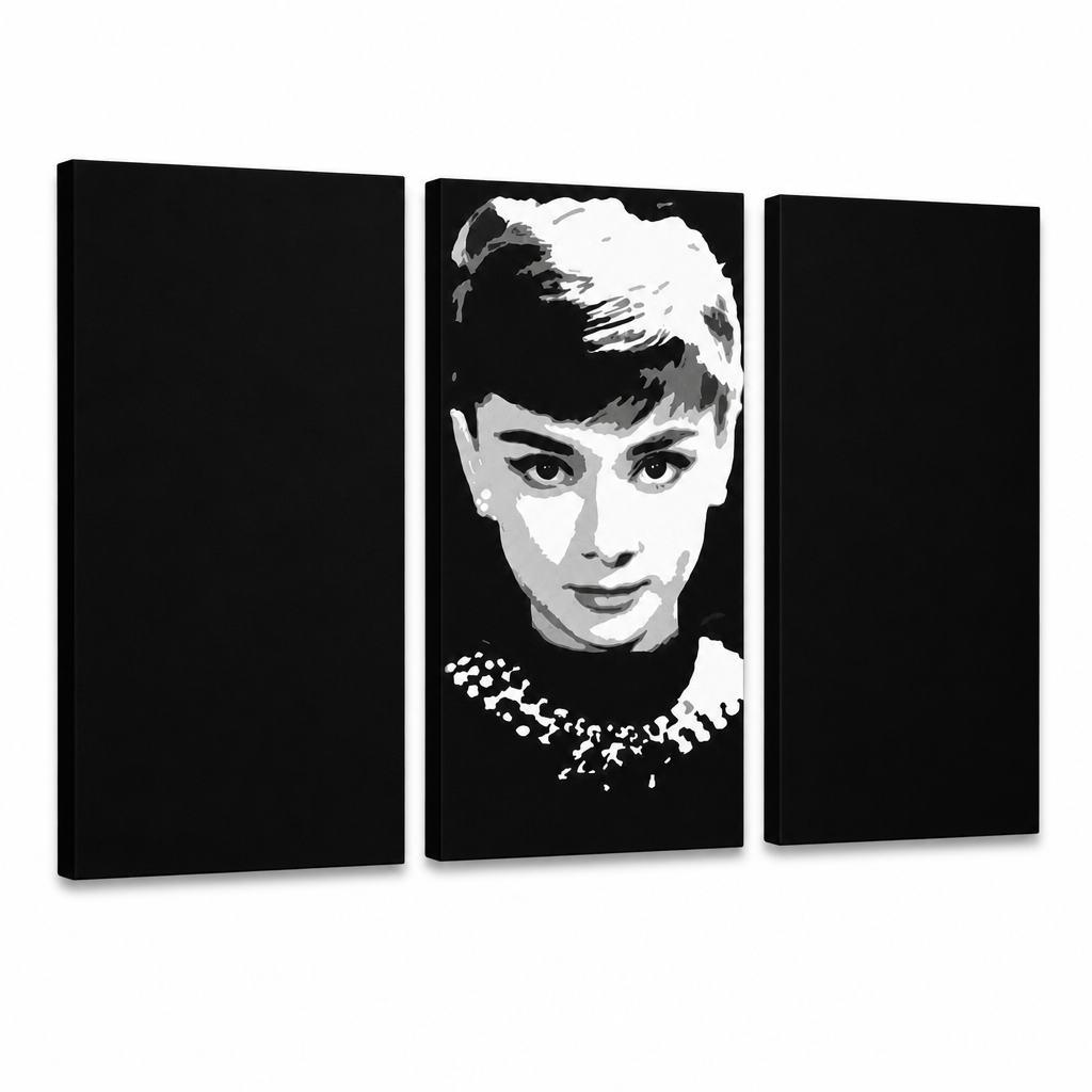 Tablou POP ART pictat manual Audrey HEPBHURN 3 bucată ah – Vizualizare 3D a tabloului pictat manual pe fundal alb. Culori dominante: negru, alb, gri.