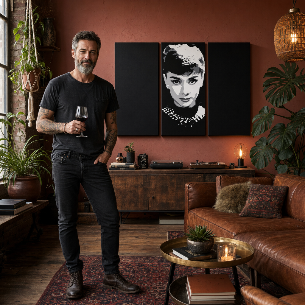 Tablou POP ART pictat manual Audrey HEPBHURN 3 bucată ah – tablou într-un interior modern masculin, vizualizare lifestyle. Culori dominante: negru, alb, gri.