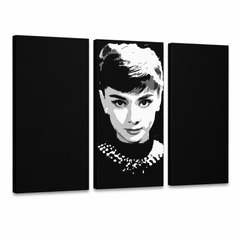 Tablou POP ART pictat manual Audrey HEPBHURN 3 bucată ah – Vizualizare 3D a tabloului pictat manual pe fundal alb. Culori dominante: negru, alb, gri.