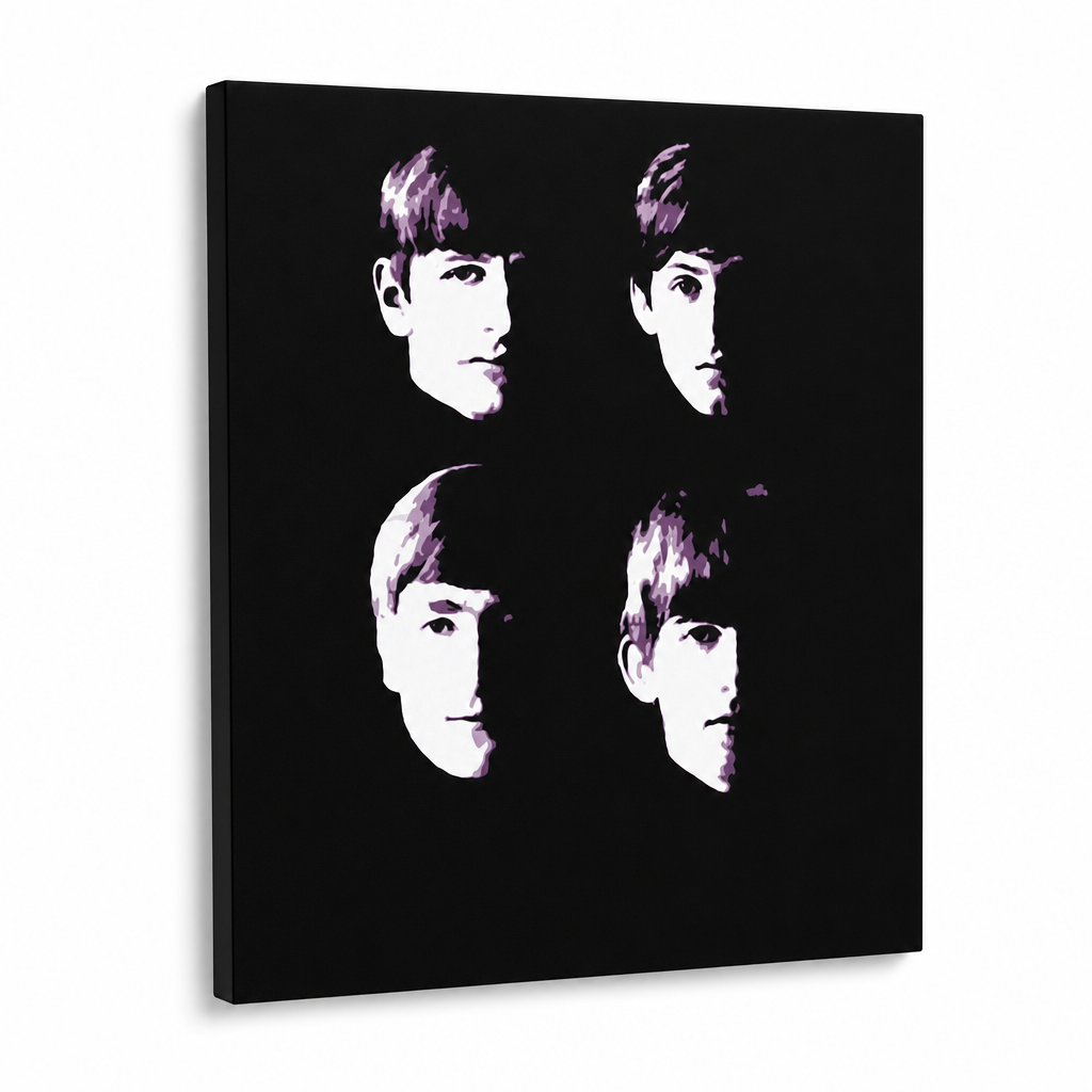 Tablou POP ART pictat manual BEATLES 1 buc beat10 – Vizualizare 3D a tabloului pictat manual pe fundal alb. Culori dominante: negru, alb, mov.