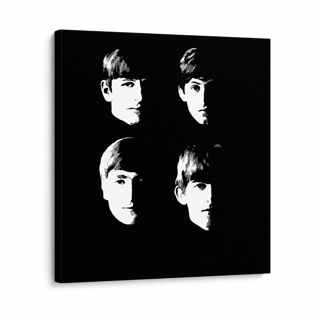 Tablou POP ART pictat manual BEATLES 1 buc beat8 – Vizualizare 3D a tabloului pictat manual pe fundal alb. Culori dominante: negru, alb.
