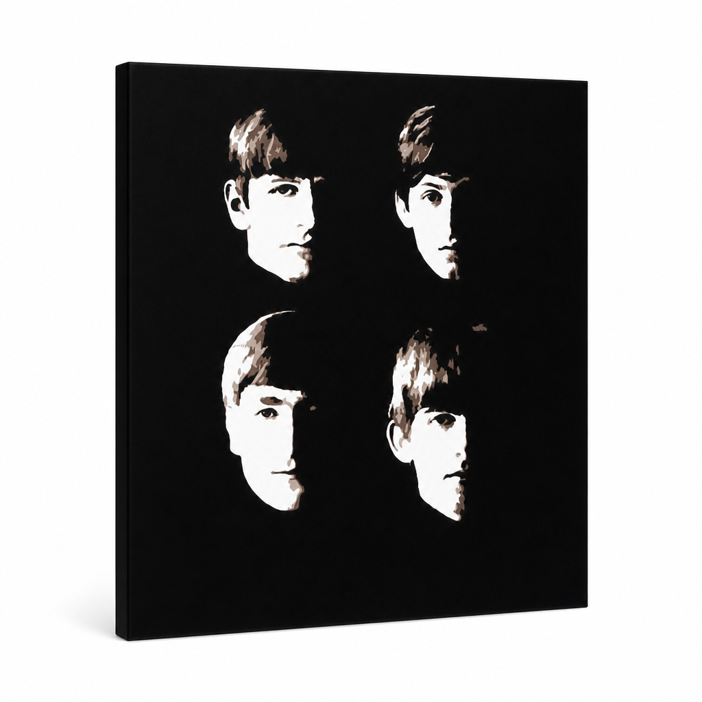 Tablou POP ART pictat manual BEATLES 1 buc beat9 – Vizualizare 3D a tabloului pictat manual pe fundal alb. Culori dominante: negru, bej, maro.