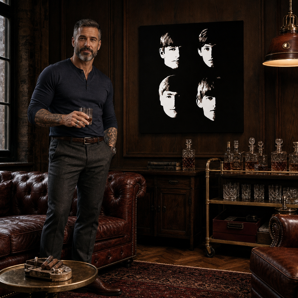 Tablou POP ART pictat manual BEATLES 1 buc beat9 – tablou într-un interior modern masculin, vizualizare lifestyle. Culori dominante: negru, bej, maro.