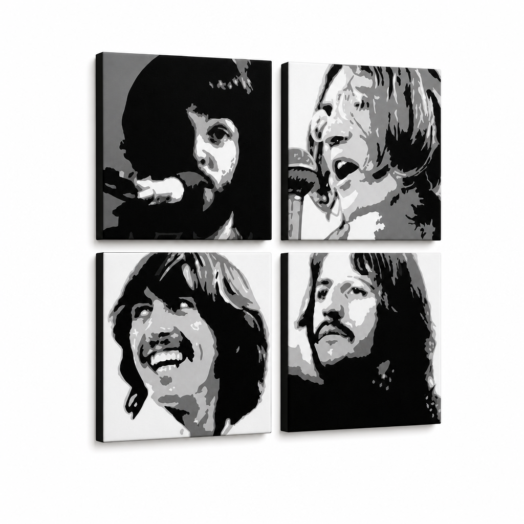 Tablou POP ART pictat manual BEATLES 4 buc bea4 – Vizualizare 3D a tabloului pictat manual pe fundal alb. Culori dominante: negru, alb, gri.