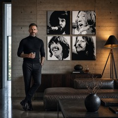 Tablou POP ART pictat manual BEATLES 4 buc bea4 – tablou într-un interior modern masculin, vizualizare lifestyle. Culori dominante: negru, alb, gri.
