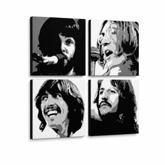 Tablou POP ART pictat manual BEATLES 4 buc bea4 – Vizualizare 3D a tabloului pictat manual pe fundal alb. Culori dominante: negru, alb, gri.