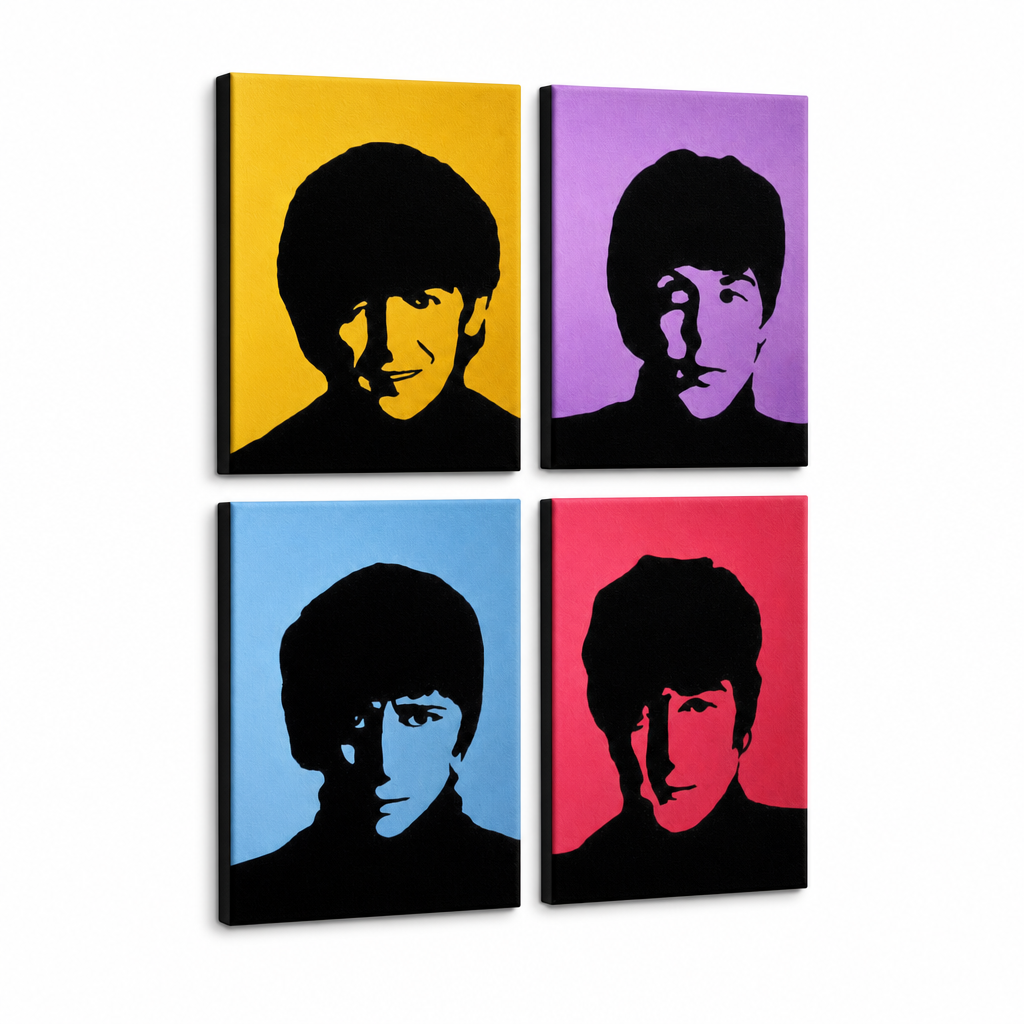 Tablou POP ART pictat manual BEATLES 4 buc bea6 – Vizualizare 3D a tabloului pictat manual pe fundal alb. Culori dominante: galben, mov, albastru, roșu, negru.