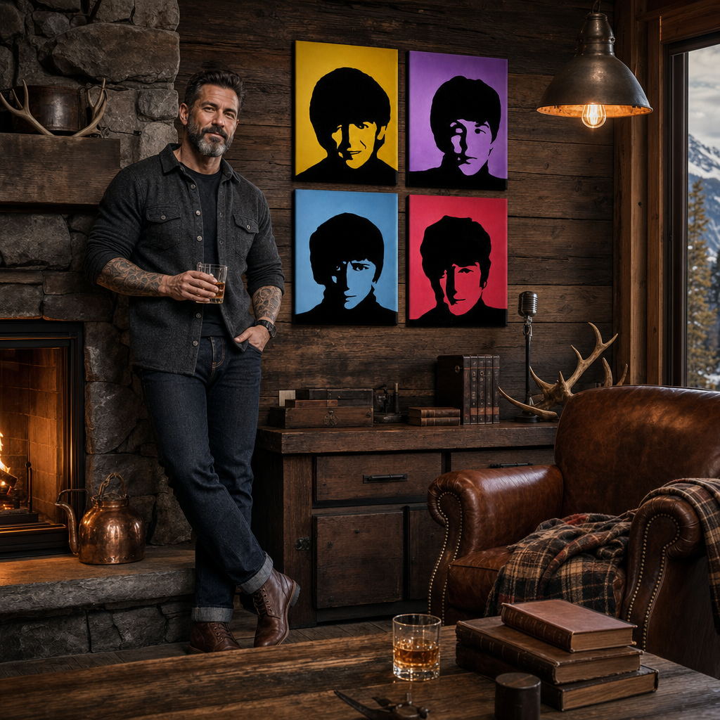 Tablou POP ART pictat manual BEATLES 4 buc bea6 – tablou într-un interior modern masculin, vizualizare lifestyle. Culori dominante: galben, mov, albastru, roșu, negru.