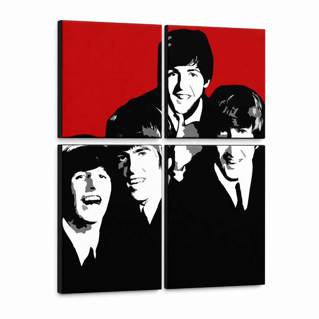Tablou POP ART pictat manual BEATLES 4 buc bea7 – Vizualizare 3D a tabloului pictat manual pe fundal alb. Culori dominante: roșu, negru, alb, gri.