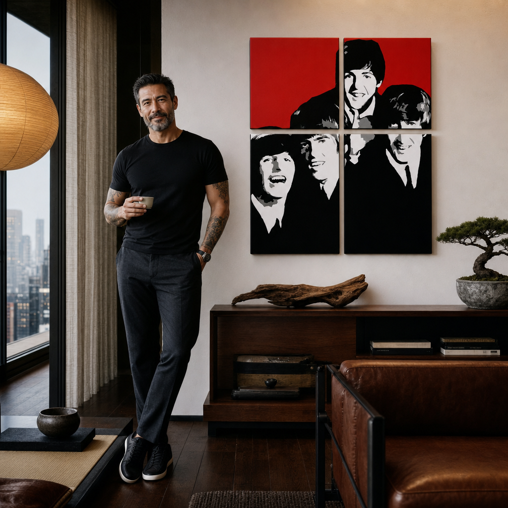 Tablou POP ART pictat manual BEATLES 4 buc bea7 – tablou într-un interior modern masculin, vizualizare lifestyle. Culori dominante: roșu, negru, alb, gri.