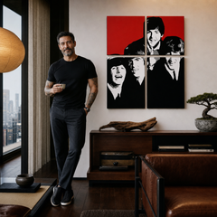 Tablou POP ART pictat manual BEATLES 4 buc bea7 – tablou într-un interior modern masculin, vizualizare lifestyle. Culori dominante: roșu, negru, alb, gri.