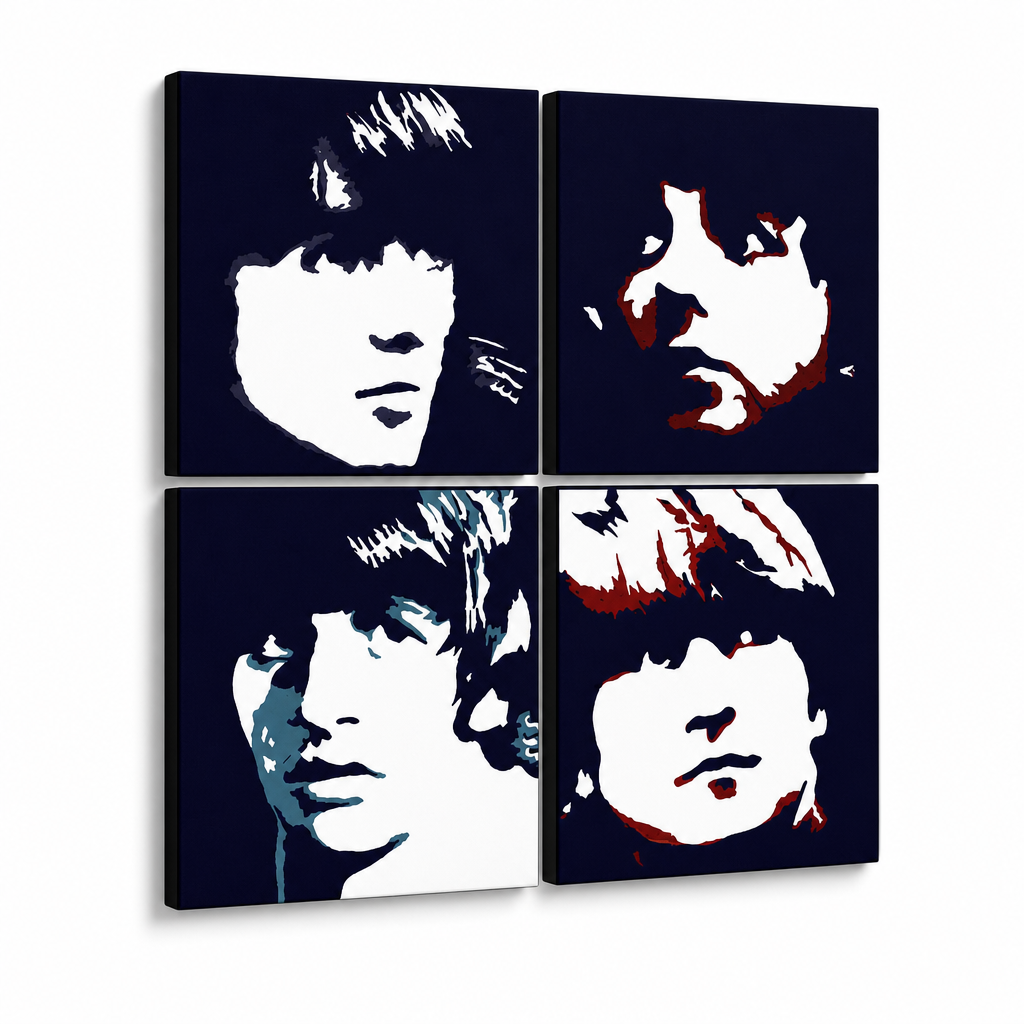 Tablou POP ART pictat manual BEATLES 4 buc beat – Vizualizare 3D a tabloului pictat manual pe fundal alb. Culori dominante: negru, albastru, roșu, bej.