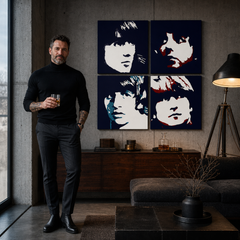 Tablou POP ART pictat manual BEATLES 4 buc beat – tablou într-un interior modern masculin, vizualizare lifestyle. Culori dominante: negru, albastru, roșu, bej.