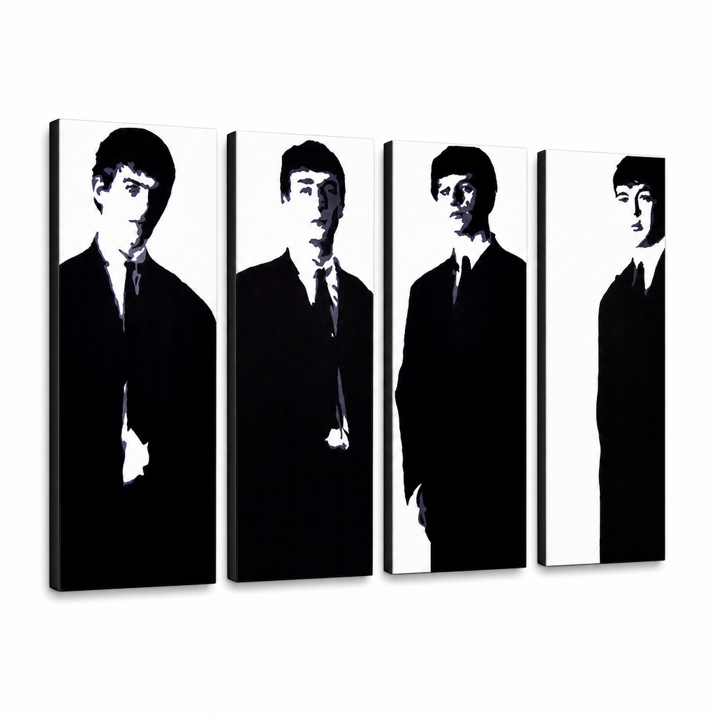 Tablou POP ART pictat manual Beatles 4 bucăți bea3 – Vizualizare 3D a tabloului pictat manual pe fundal alb. Culori dominante: negru, alb, gri.
