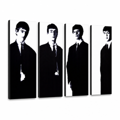 Tablou POP ART pictat manual Beatles 4 bucăți bea3 – Vizualizare 3D a tabloului pictat manual pe fundal alb. Culori dominante: negru, alb, gri.