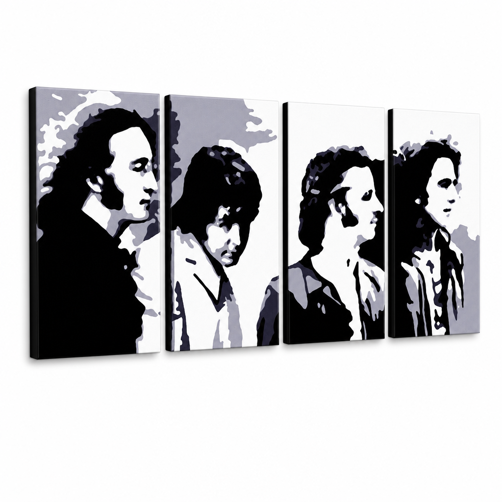 Tablou POP ART pictat manual Beatles 4 bucăți bea5 – Vizualizare 3D a tabloului pictat manual pe fundal alb. Culori dominante: negru, gri, alb, auriu.