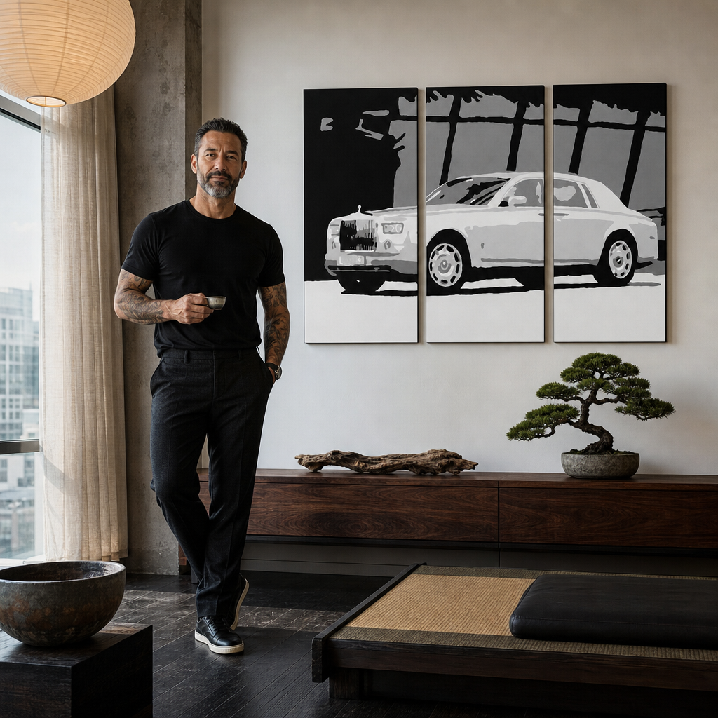 Tablou POP ART pictat manual BENTLEY 3 buc îndoit – tablou într-un interior modern masculin, vizualizare lifestyle. Culori dominante: alb, negru, gri.
