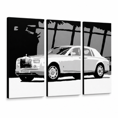 Tablou POP ART pictat manual BENTLEY 3 buc îndoit – Vizualizare 3D a tabloului pictat manual pe fundal alb. Culori dominante: alb, negru, gri.