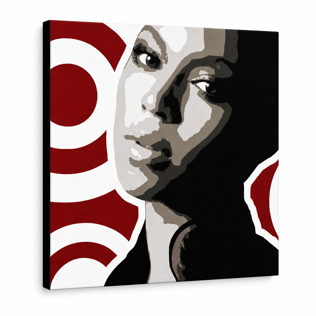 Tablou POP ART pictat manual BEYONCÉ 1 buc bey3 – Vizualizare 3D a tabloului pictat manual pe fundal alb. Culori dominante: negru, roșu, maro, alb, gri.