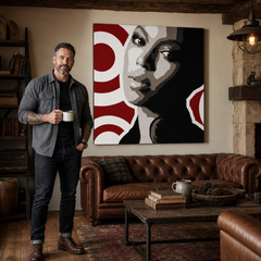 Tablou POP ART pictat manual BEYONCÉ 1 buc bey3 – tablou într-un interior modern masculin, vizualizare lifestyle. Culori dominante: negru, roșu, maro, alb, gri.